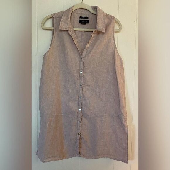 Tahari Tops - Tahari Button Up Shirt Women's Large Beige 100% Linen Sleeveless Tunic Top